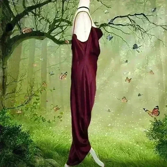 BHLDN DARK BERRY Women's Jennings Ruched Side-Slit Satin Gown - Picture 5 of 12